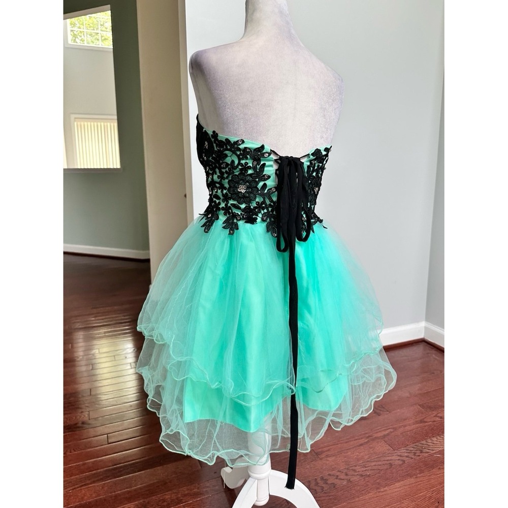 Custom Strapless Black Lace Mint Green Corset Back Cocktail Mini Dress Small - Picture 8 of 12